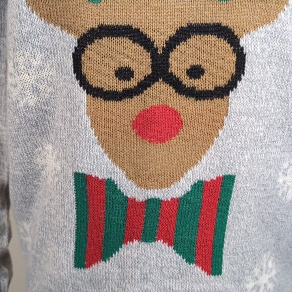Ugly Christmas Sweater Nerdy Reindeer Happy Holidays Knit Womens Size Large Grey - Picture 3 of 9